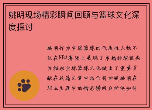 姚明现场精彩瞬间回顾与篮球文化深度探讨